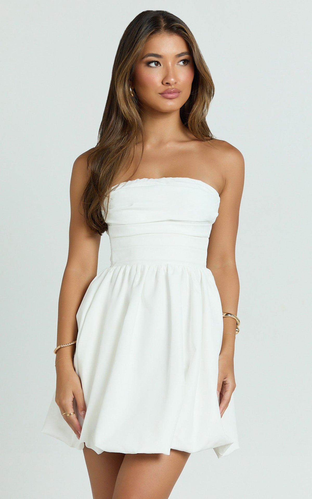 Shaima Mini Dress - Strapless Bubble Hem Dress in White
