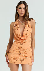 Shari Mini Dress - Cowl Neck Backless Fitted Skirt Sequin Mesh Dress in Orange