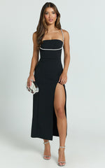 Sharley Midi Dress - Diamante Detail Pencil Dress in Black