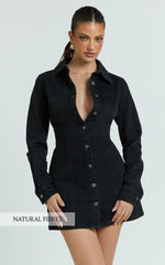 Shawn Mini Dress - Long Sleeve Button Down Denim Shirt Dress in Black