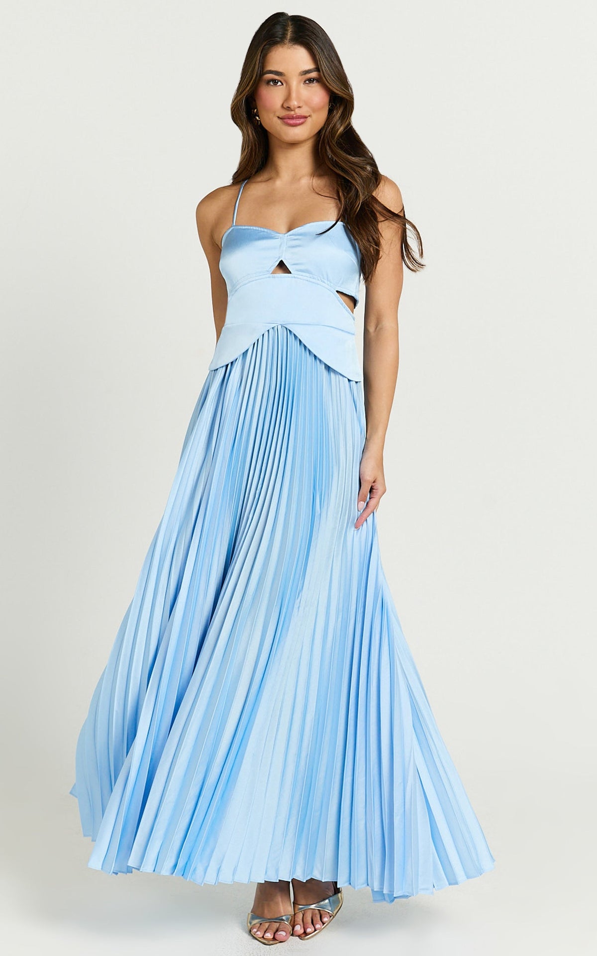 Shay Maxi Dress - Sweetheart Cut Out Pleated Dress in Blue