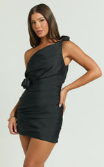 Sheeran Mini Dress - One Shoulder Rose Gathered Dress in Black