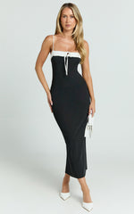 Sheffield Midi Dress - Contrast Tie Front Bodycon Dress in Black