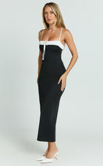 Sheffield Midi Dress - Contrast Tie Front Bodycon Dress in Black