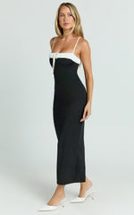 Sheffield Midi Dress - Contrast Tie Front Bodycon Dress in Black