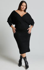 Sheika Midi Dress - Long Sleeve Off Shoulder Knit Dress in Black