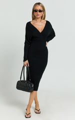 Sheika Midi Dress - Long Sleeve Off Shoulder Knit Dress in Black