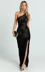 Shelby Maxi Dress - One Shoulder Rosette Fitted Applique Dress in Black