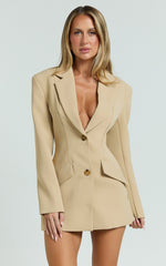 Shelley Mini Dress - Collared Double Breasted Blazer Dress in Beige