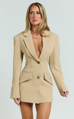 Shelley Mini Dress - Collared Double Breasted Blazer Dress in Beige