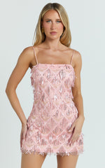 Shook Mini Dress - Cami Sequin Fringe Dress in Pink Sequin