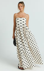 Sia Maxi Dress - Sleeveless Straight Neck A Line Dress in Beige Black Spot