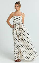 Sia Maxi Dress - Sleeveless Straight Neck A Line Dress in Beige Black Spot