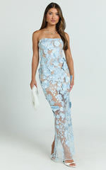 Sienna Maxi Dress - 3D Floral Strapless Column Dress in Blue
