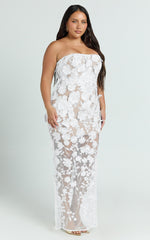 Sienna Maxi Dress - 3D Floral Strapless Column Dress in White