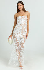 Sienna Maxi Dress - 3D Floral Strapless Column Dress in White