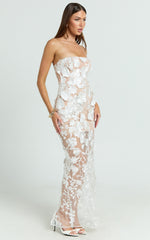 Sienna Maxi Dress - 3D Floral Strapless Column Dress in White