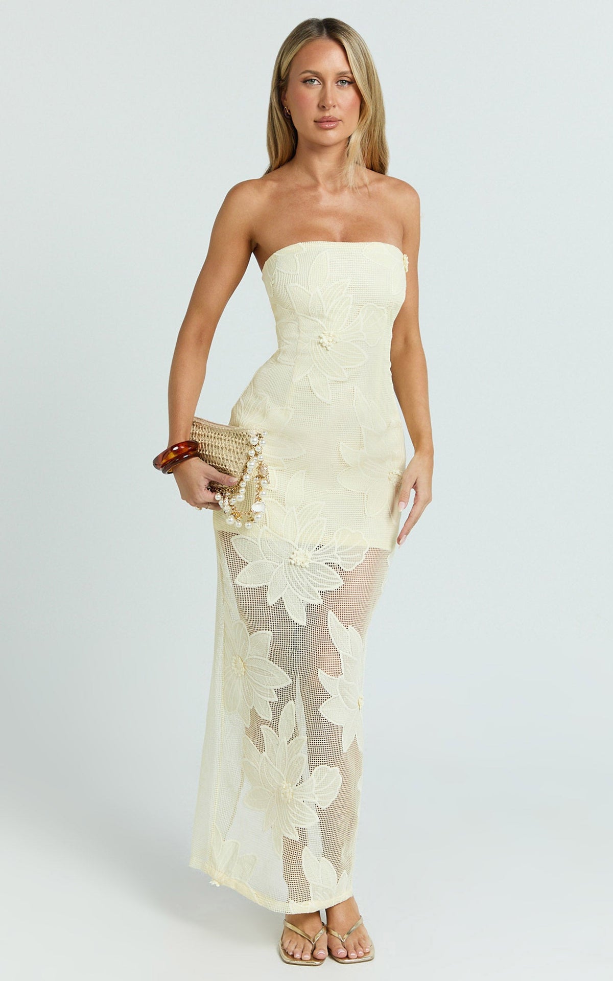 Sienna Midi Dress - Strapless Floral Embroidered Bodycon Dress in Lemon