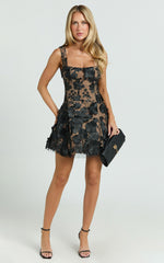 Sienna Mini Dress - 3D Floral Fit And Flare Dress in Black