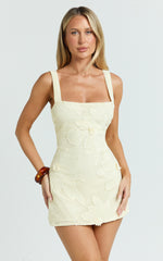 Sienna Mini Dress - Square Neck Floral Embroidered A Line Dress in Lemon