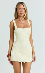 Sienna Mini Dress - Square Neck Floral Embroidered A Line Dress in Lemon