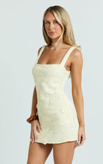 Sienna Mini Dress - Square Neck Floral Embroidered A Line Dress in Lemon