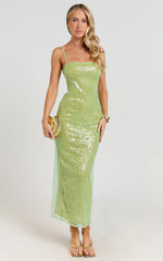 Sierra Midi Dress - Sequin Square Neck Bodycon Dress in Green