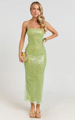 Sierra Midi Dress - Sequin Square Neck Bodycon Dress in Green