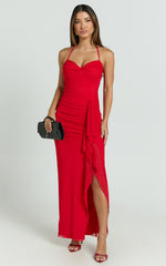 Silvana Maxi Dress - Halter Ruched Side Split Dress in Red