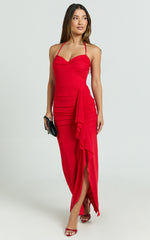 Silvana Maxi Dress - Halter Ruched Side Split Dress in Red