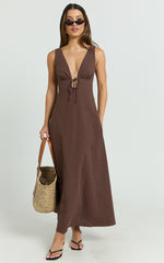 Silvena Midi Dress - Plunge Neckline Tie Front A Line Dress in Chocolate