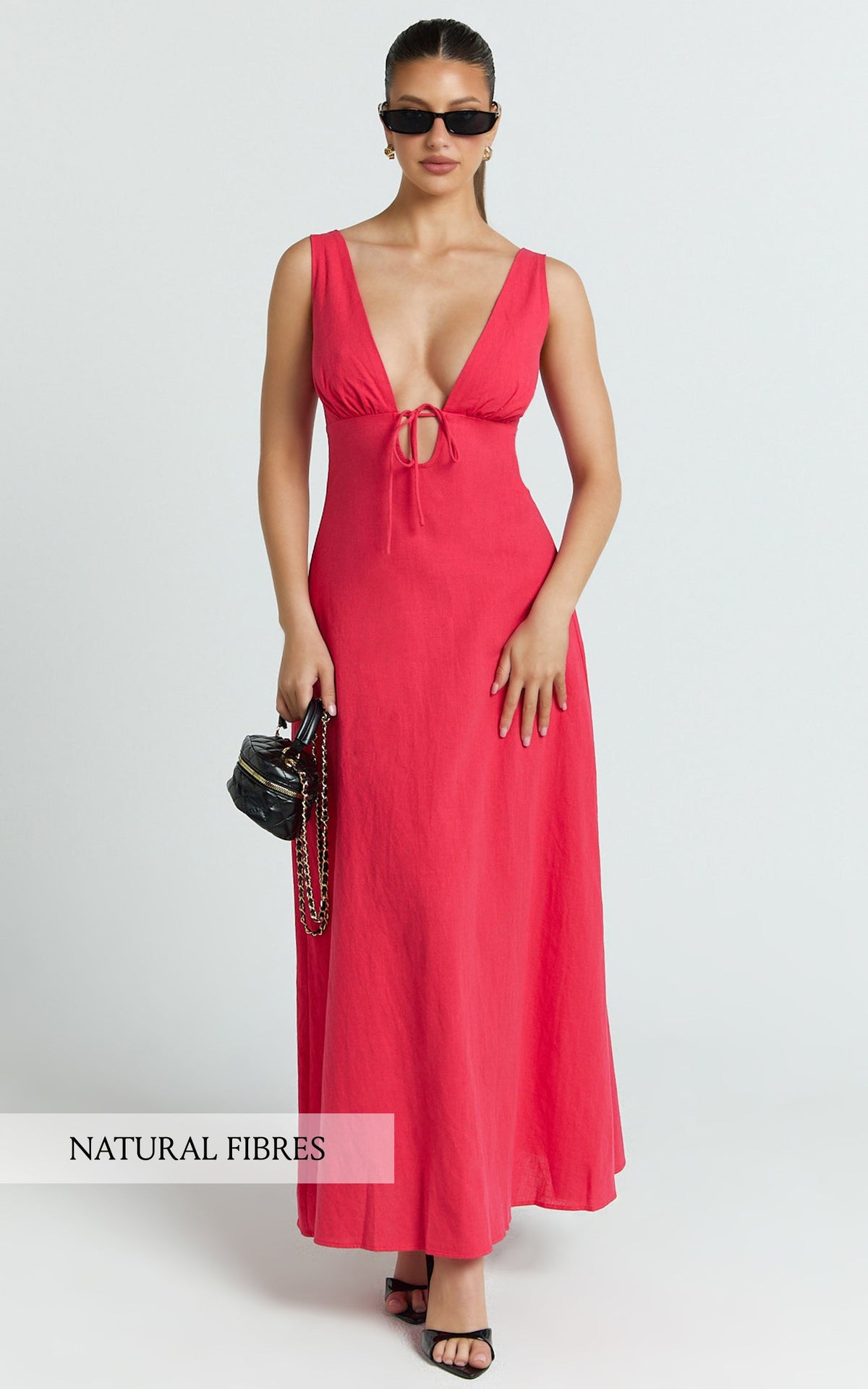 Silvena Midi Dress - Plunge Neckline Tie Front A Line Dress in Red
