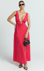 Silvena Midi Dress - Plunge Neckline Tie Front A Line Dress in Red