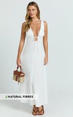 Silvena Midi Dress - Plunge Neckline Tie Front A Line Dress in White