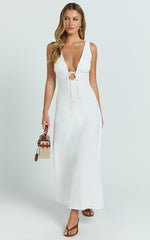 Silvena Midi Dress - Plunge Neckline Tie Front A Line Dress in White