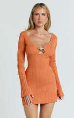 Simona Mini Dress - Texture Stripe Knit Long Sleeve V Neck Metal Trim Dress in Orange