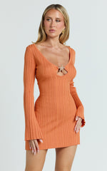 Simona Mini Dress - Texture Stripe Knit Long Sleeve V Neck Metal Trim Dress in Orange