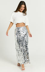 Sinclair Midi Skirt - Sequin Column Skirt in Silver