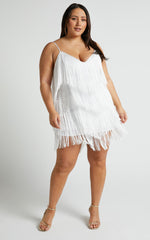 Siofra Mini Dress - Zig Zag Fringe Dress in White