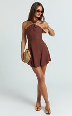 Sittie Mini Dress - Halterneck Linen Gold Trim A Line Dress in Chocolate
