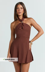 Sittie Mini Dress - Halterneck Linen Gold Trim A Line Dress in Chocolate