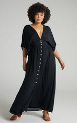 Sitting Pretty Maxi Dress - Short Sleeve Button Down Dress in Black