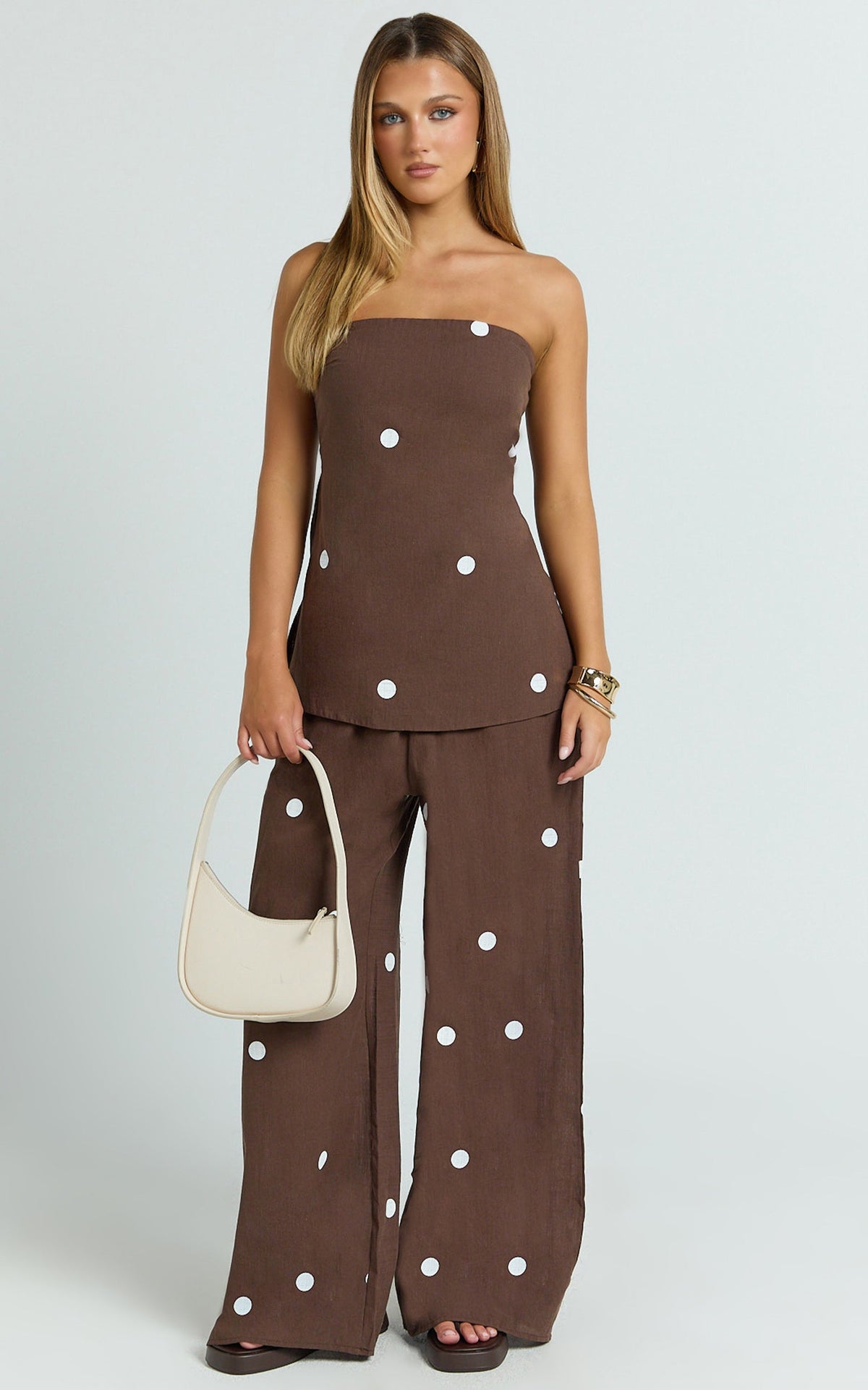Skye Two Piece Set - Strapless Longline Top and Pant Set in Chocolate Polka Dot
