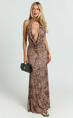 Sofia Maxi Dress - Jersey Low Cowl Neck A Line Dress in Tonal Leopard