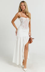 Solange Midi Skirt - Mid Waisted Thigh High Leg Split Skirt in White