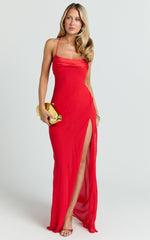 Sonya Maxi Dress - Cowl Neck Asymmetric Fit And Flare Dress in Red