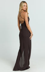Sonya Maxi Dress - Cowl Neck Asymmetric Fit And Flare Dress in Chocolate