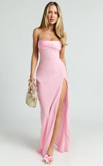 Sonya Maxi Dress - Cowl Neck Asymmetric Fit And Flare Dress in Pink