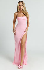 Sonya Maxi Dress - Cowl Neck Asymmetric Fit And Flare Dress in Pink