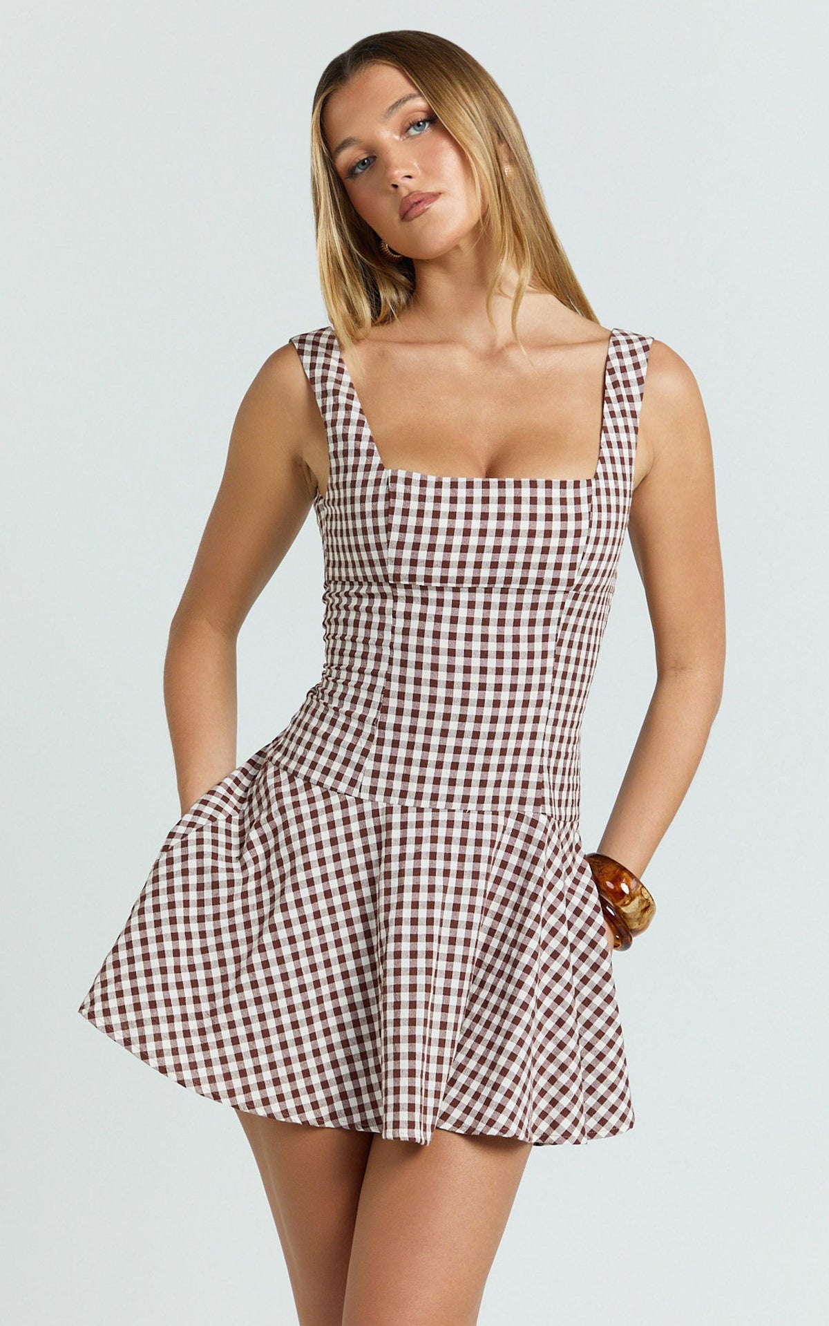 Sophia Mini Dress - Drop Waist Fit And Flare Mini Dress in Chocolate Gingham
